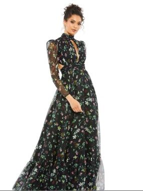 Mac Duggal High Neck, Black Floral Cutout Dress